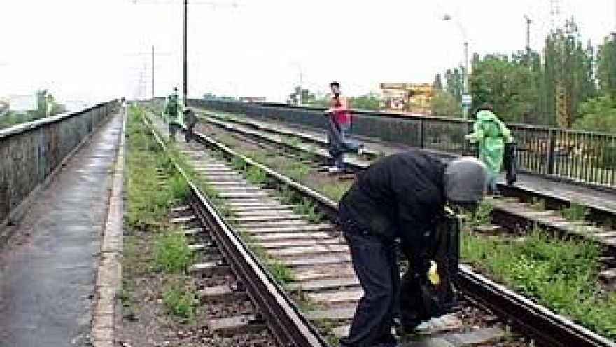 Группа активистов очищала от мусора верхний ярус Северного моста