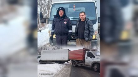 На воронежской трассе грузовик съехал на обочину и намертво увяз в снегу