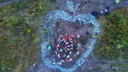 Собранное воронежскими экоактивистами огромное яблоко из мусора показали с высоты