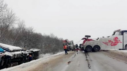 На трассе под Воронежем перевернулась фура с 20 тоннами удобрений